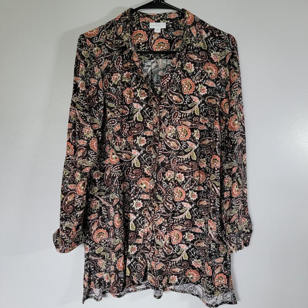 J Jill Paisley Floral Brown Button Up Tunic Womens S Petite Boho Artsy Office